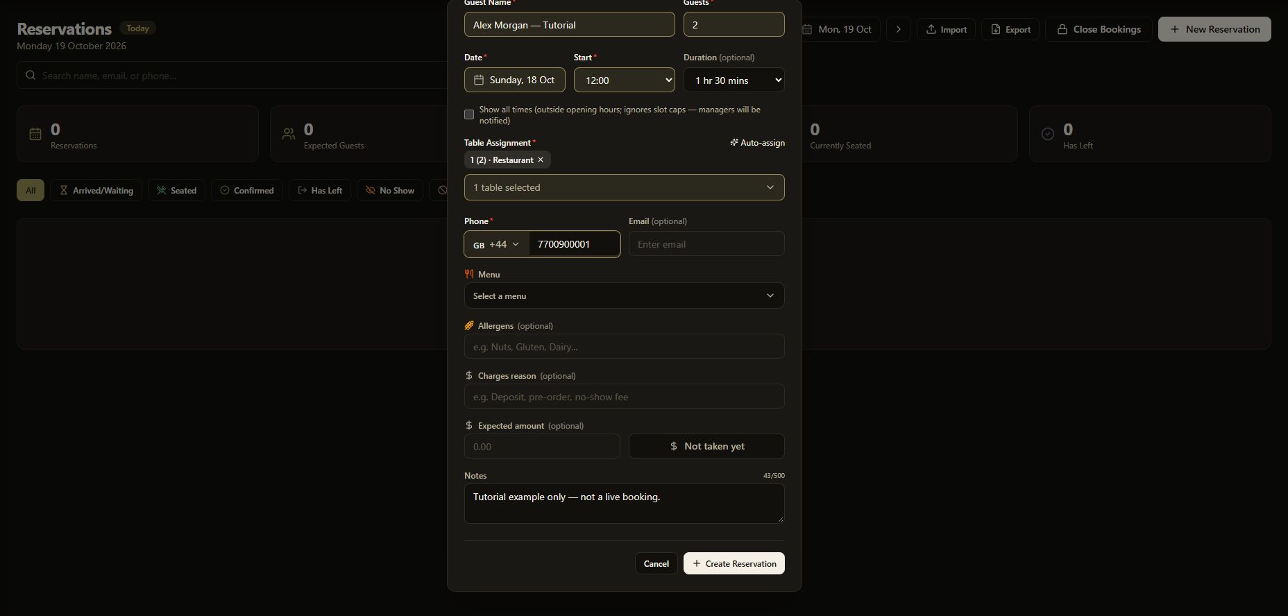 The lower reservation form with notes and the Create Reservation button in dark mode.