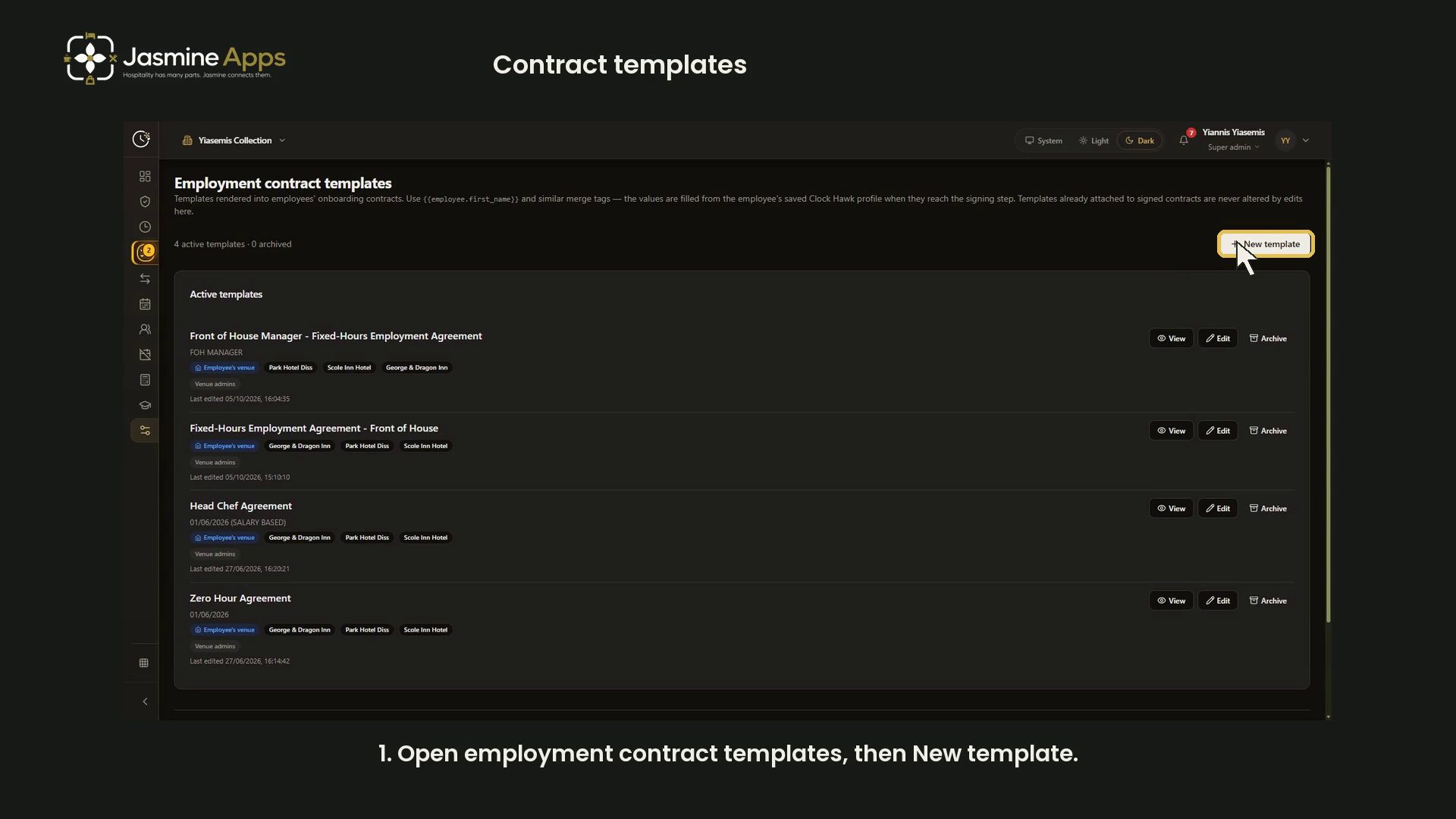 Clock Jasmine contract templates: merge tags and preview