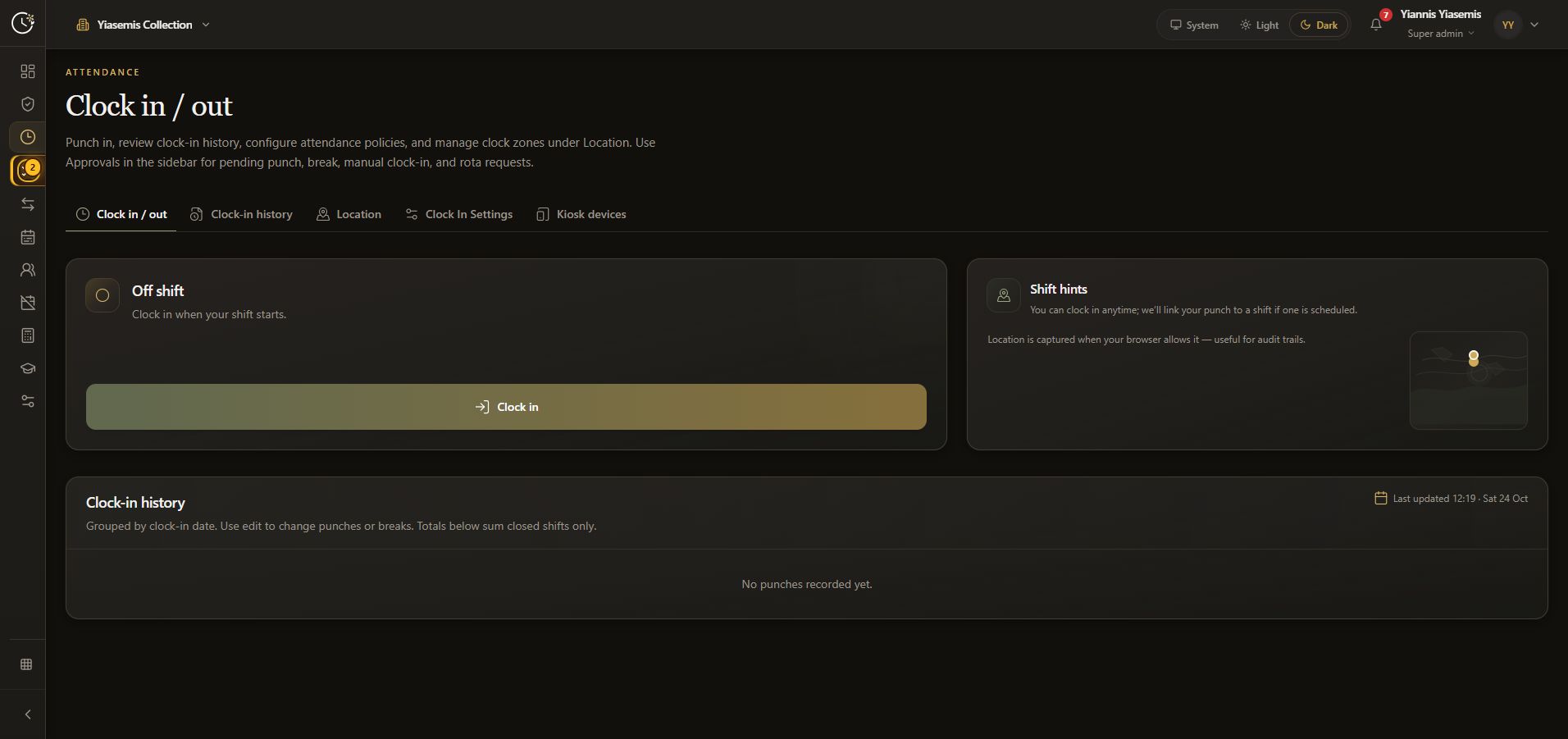 Clock Jasmine dark-mode off-shift screen with Clock in, Shift hints and an empty attendance history.
