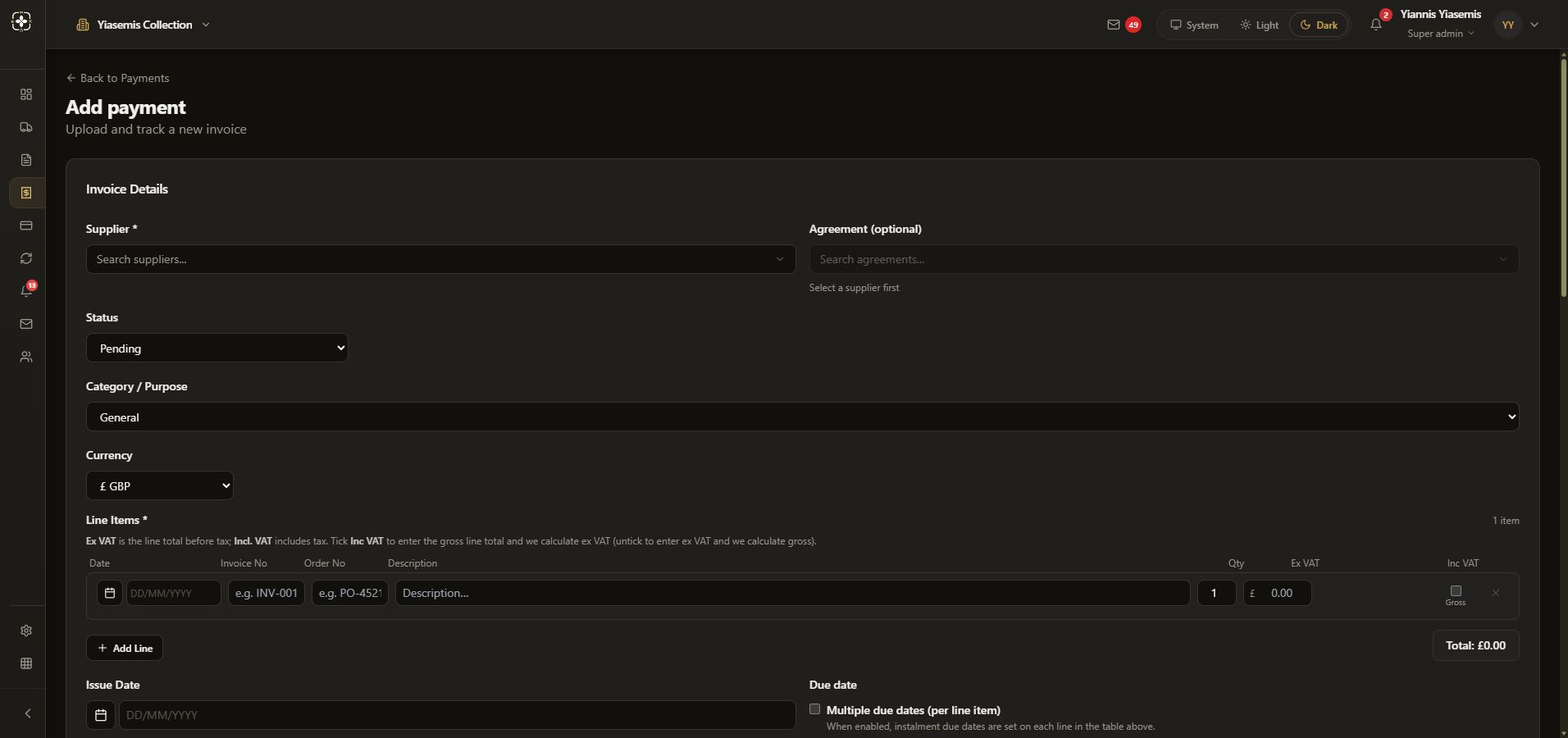 Blank dark-mode Add payment form showing supplier, agreement and invoice classification controls.