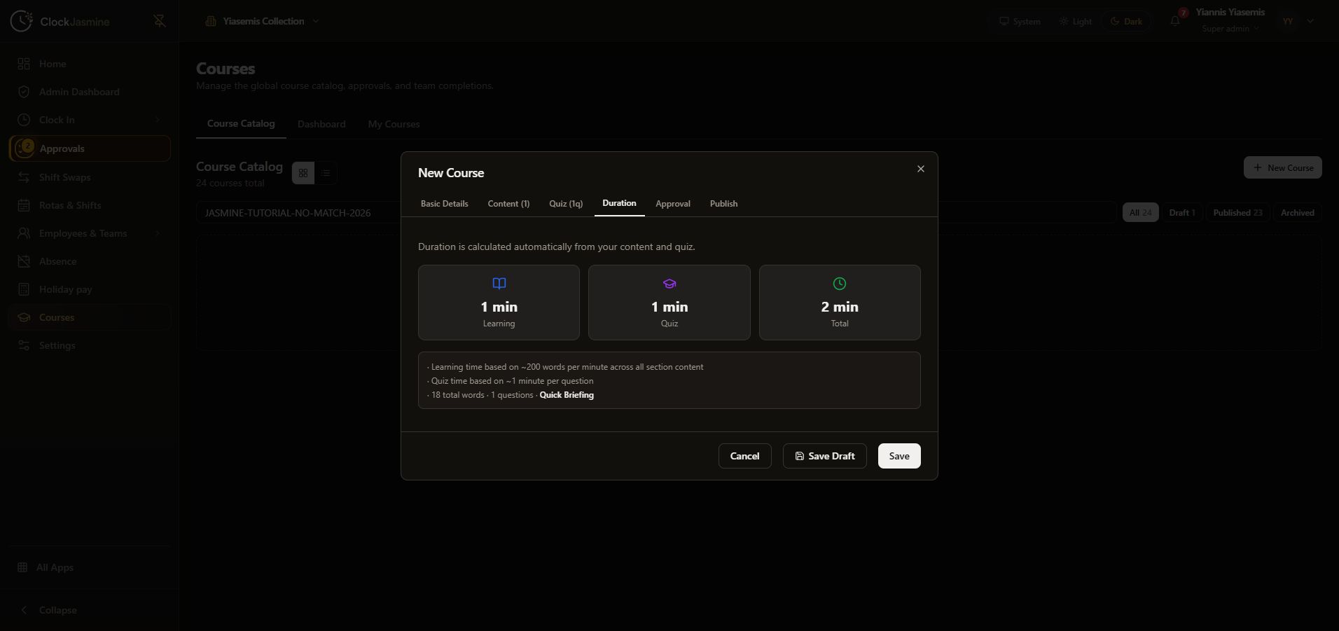 Complete dark-mode Duration tab with calculated learning, quiz and total estimates