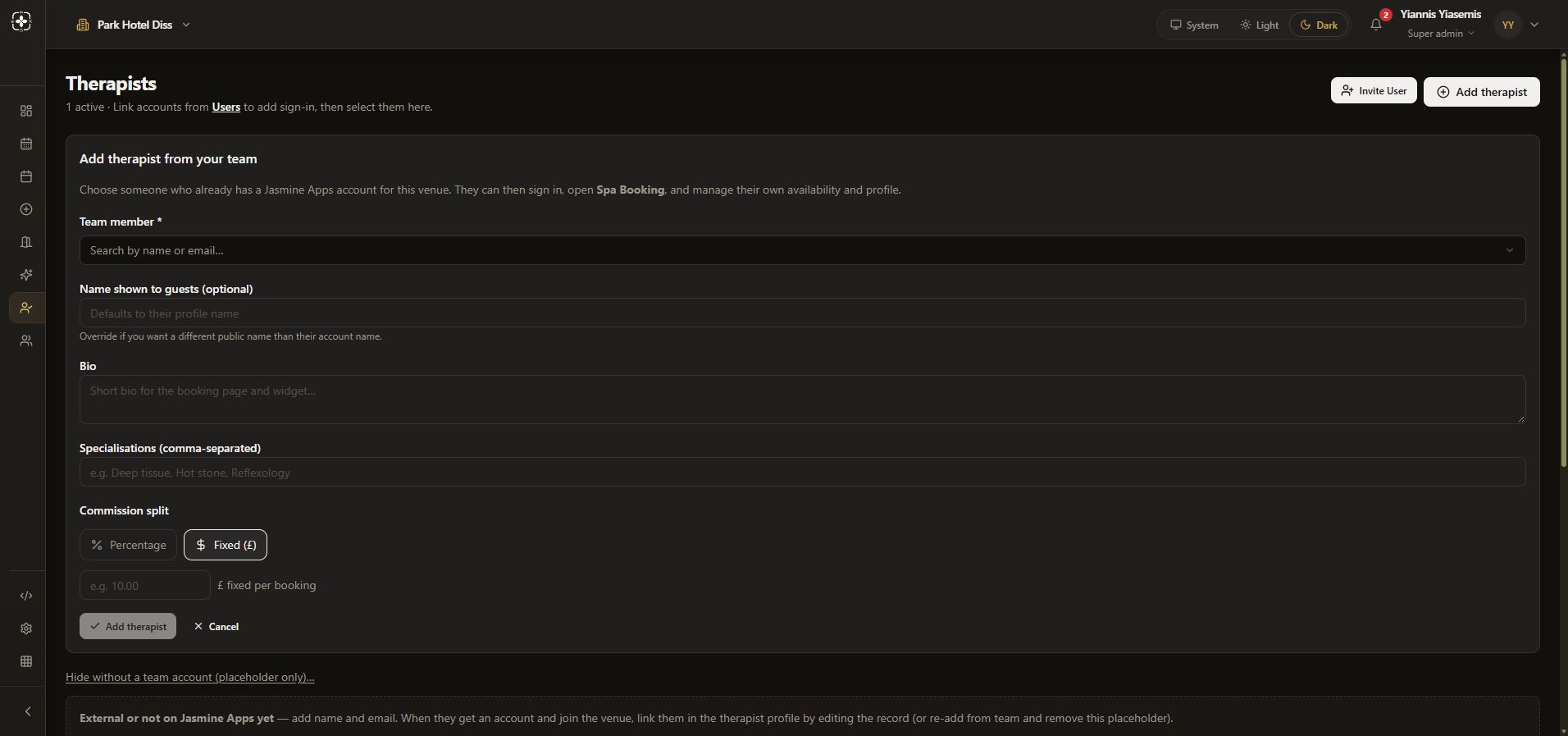 Blank therapist form with Fixed selected and no amount entered, plus the unused Cancel control.