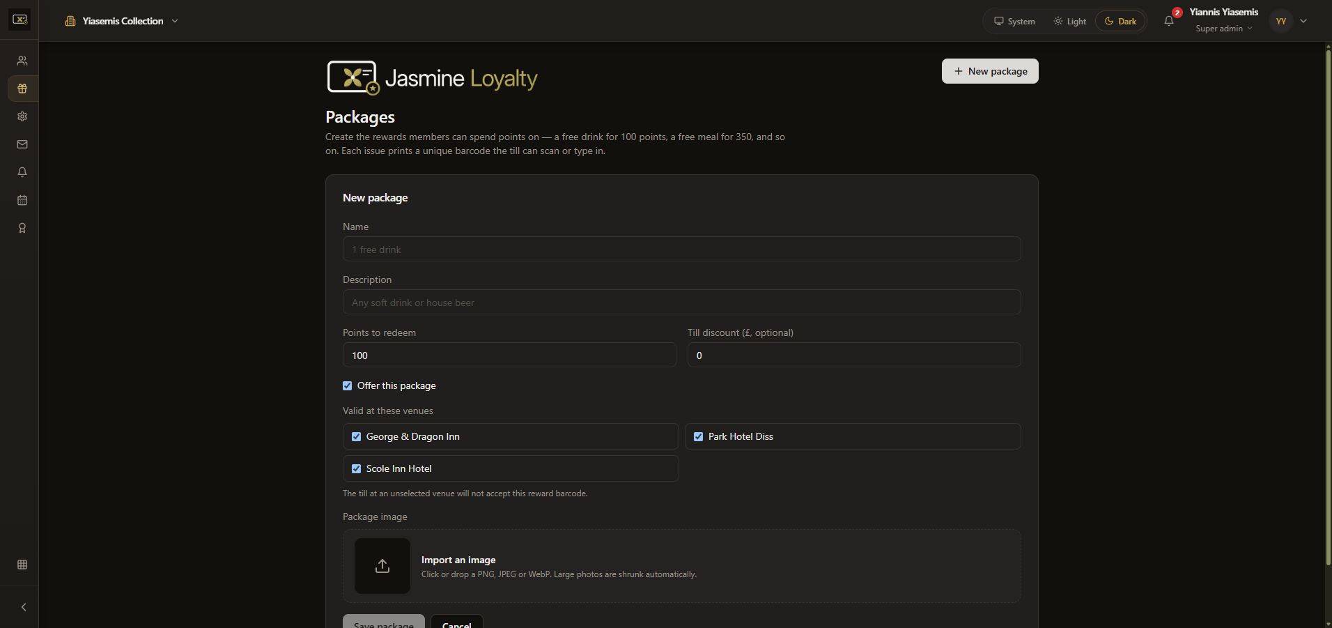 Blank dark-mode New package form showing name, description, points price, till discount and venue validity.