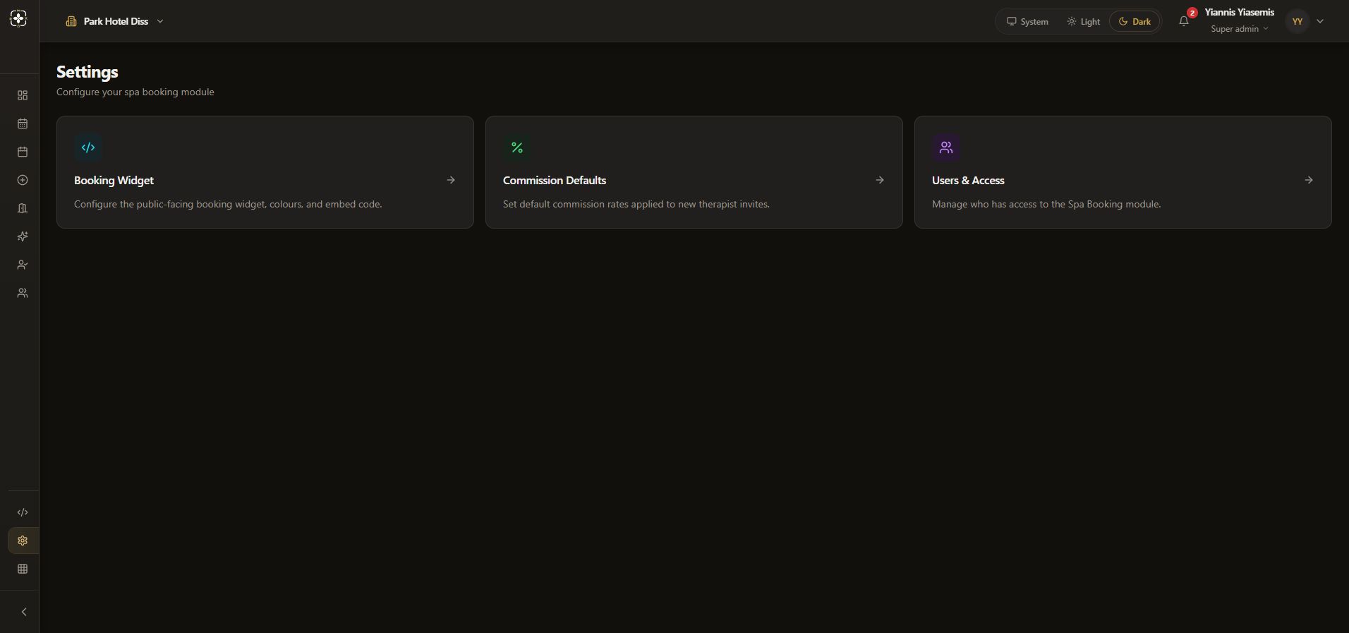 Current dark-mode Spa Settings page with Booking Widget, Commission Defaults and Users and Access navigation cards.