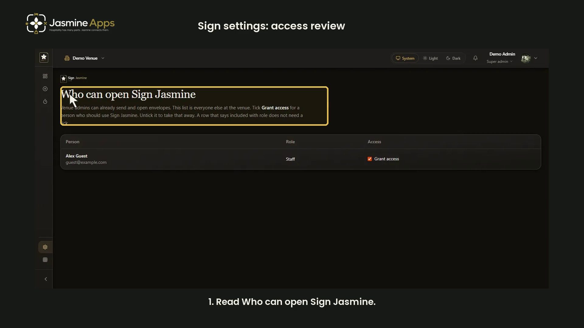 Sign Jasmine settings: review document access
