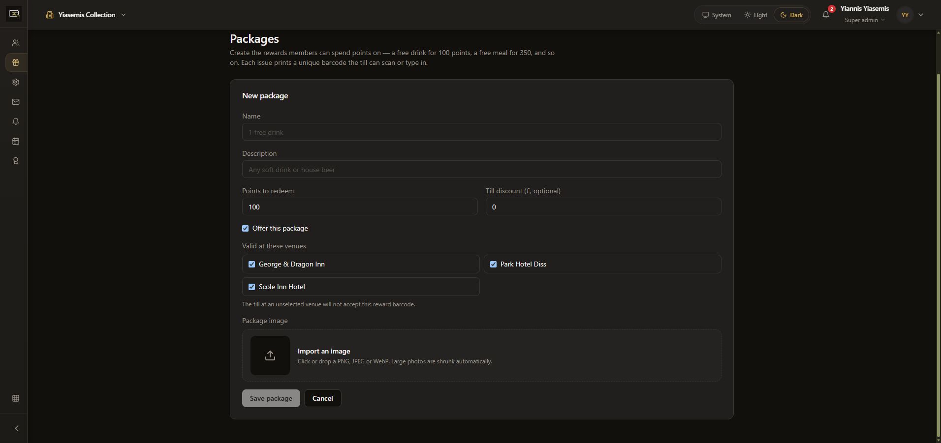 Lower dark-mode package form showing image import, disabled Save package and Cancel.