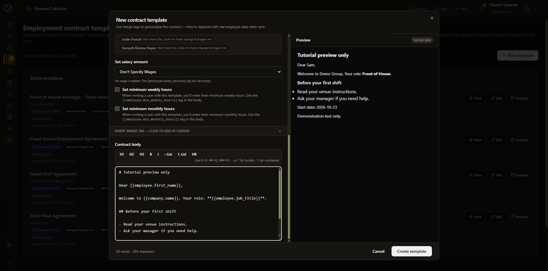 Markdown example with headings and a bullet list rendered in the live sample preview.