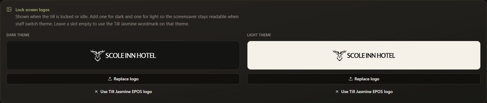 Complete dark-mode lock-screen logo panel with separate dark and light theme previews