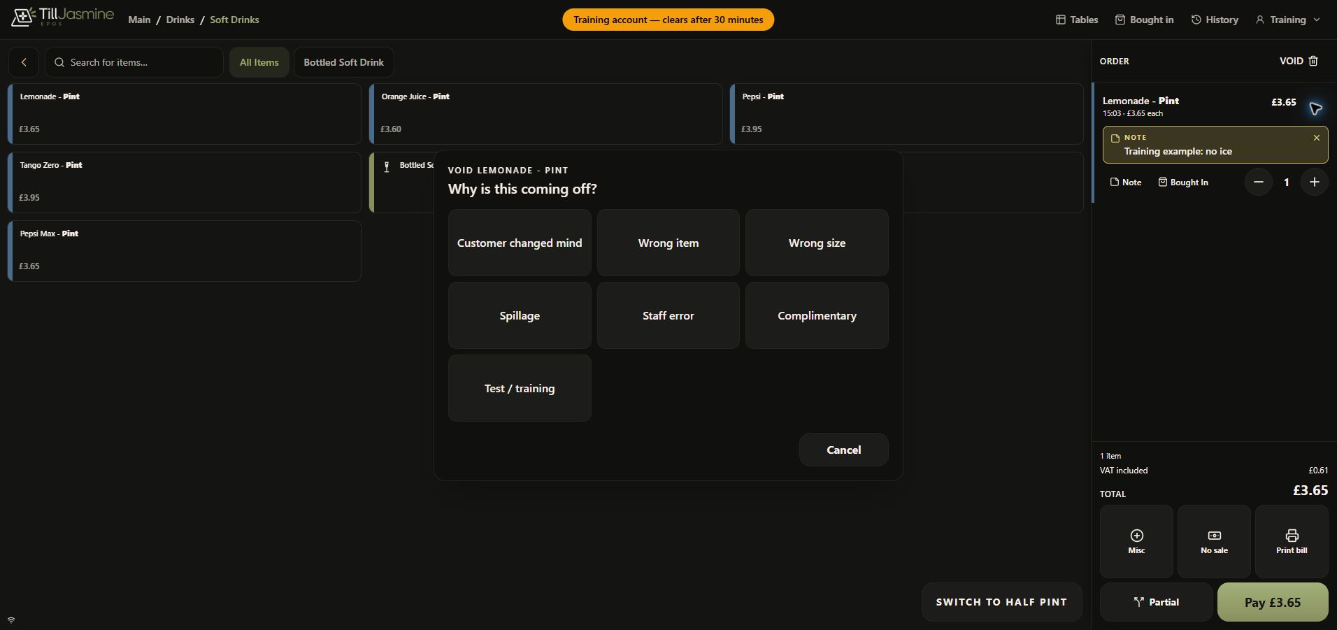 Complete dark-mode void reason dialog showing Test / training and the example order