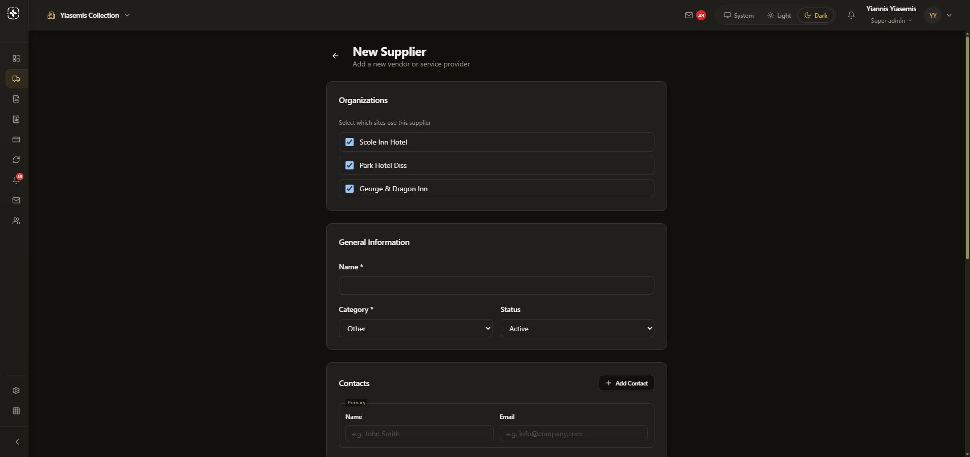 Blank dark-mode supplier form showing organisation selections and general information.