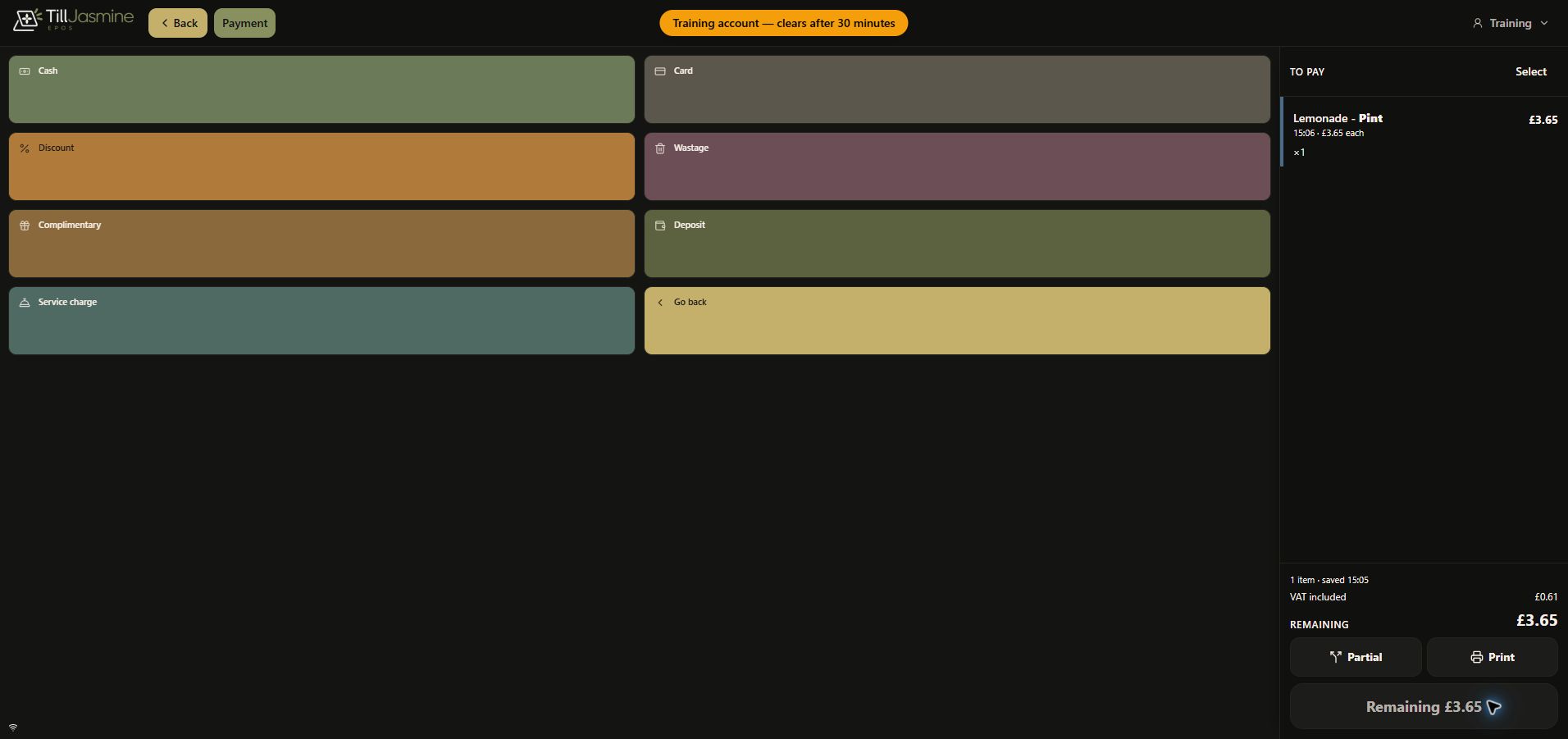 Complete dark-mode payment review showing one training item and £3.65 remaining