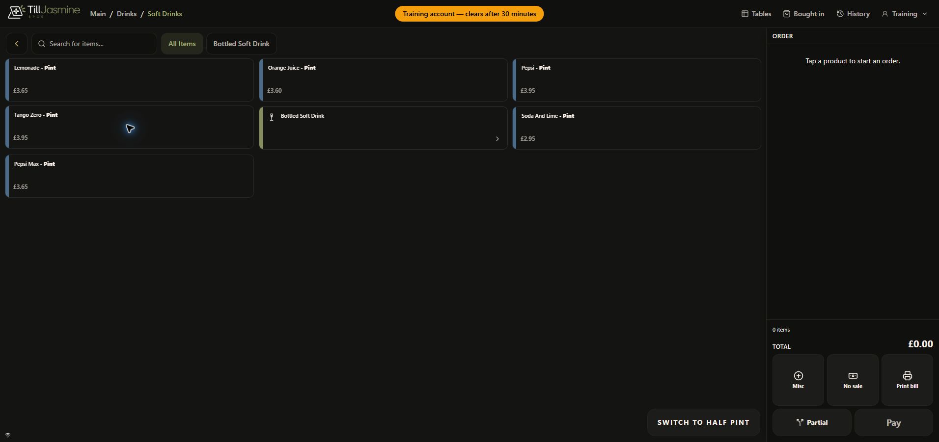 Complete dark-mode training till with Soft Drinks products and empty order panel