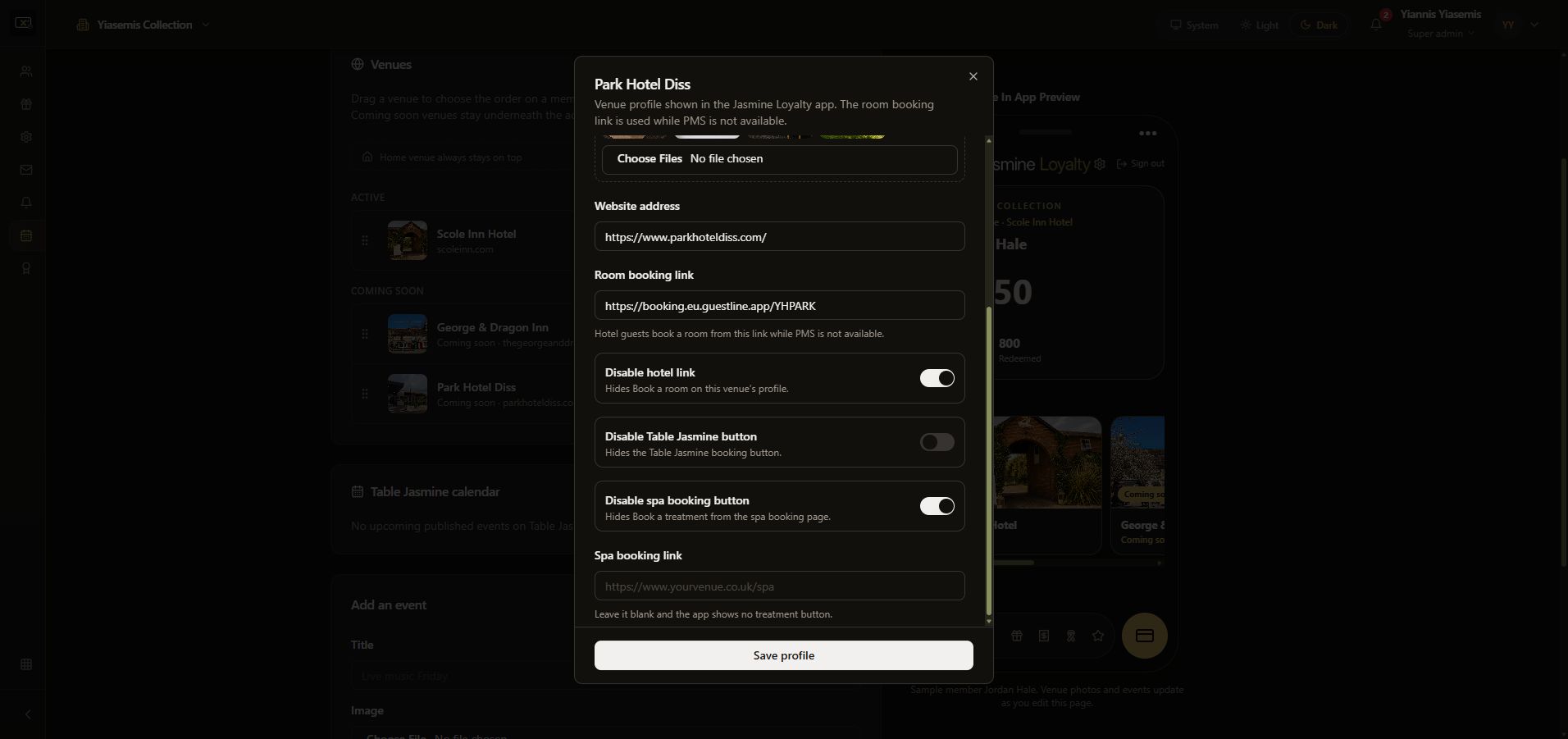 Dark-mode venue profile booking links and visibility switches, reviewed without changes.