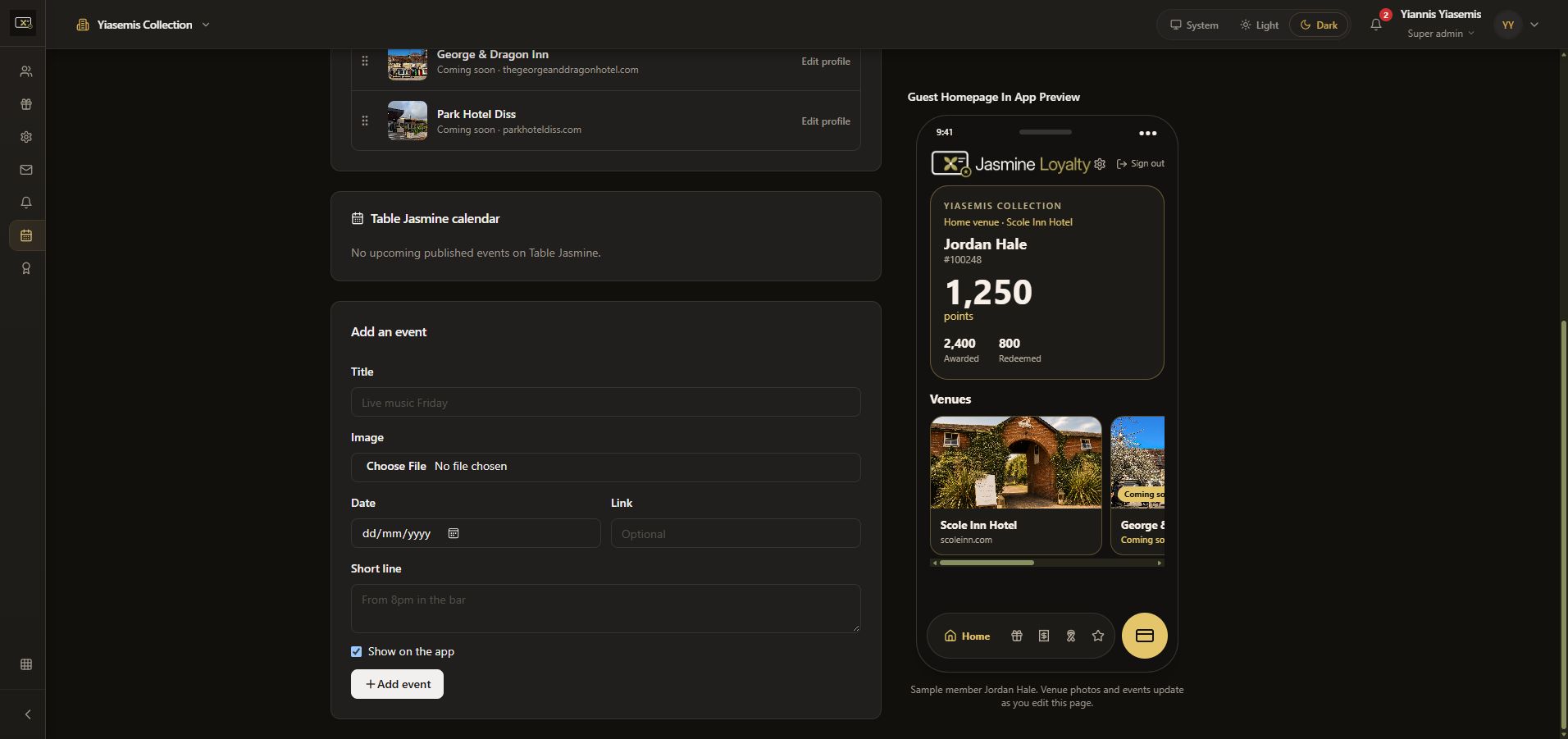 Labelled sample member Jordan Hale in the dark-mode Guest Homepage In App Preview, with venue cards and demonstration totals.