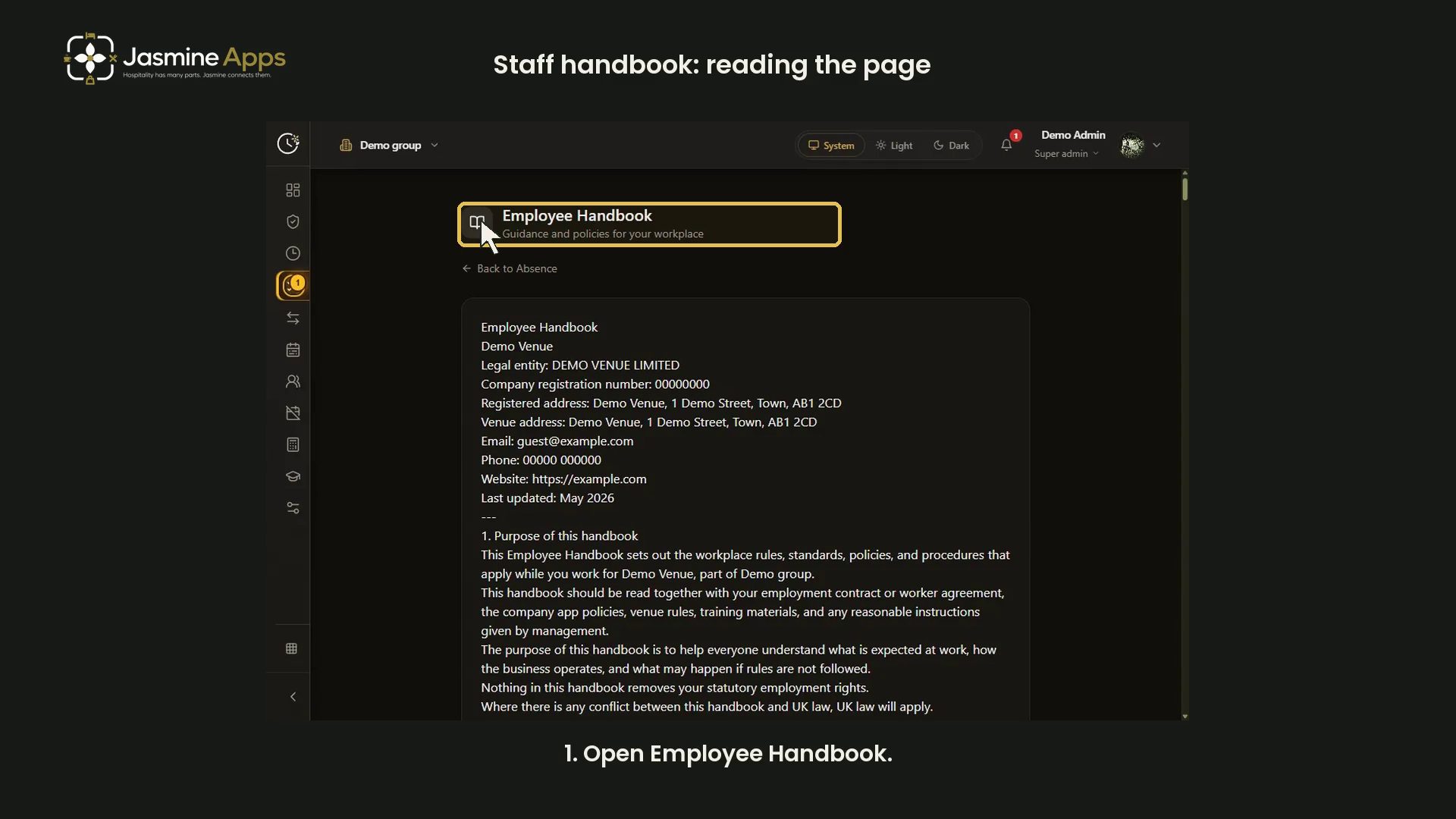 Clock Jasmine staff handbook: read the published page