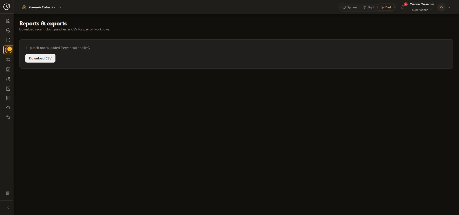 Complete dark-mode Clock Jasmine Reports and exports page, showing only the loaded-row count and Download CSV control.