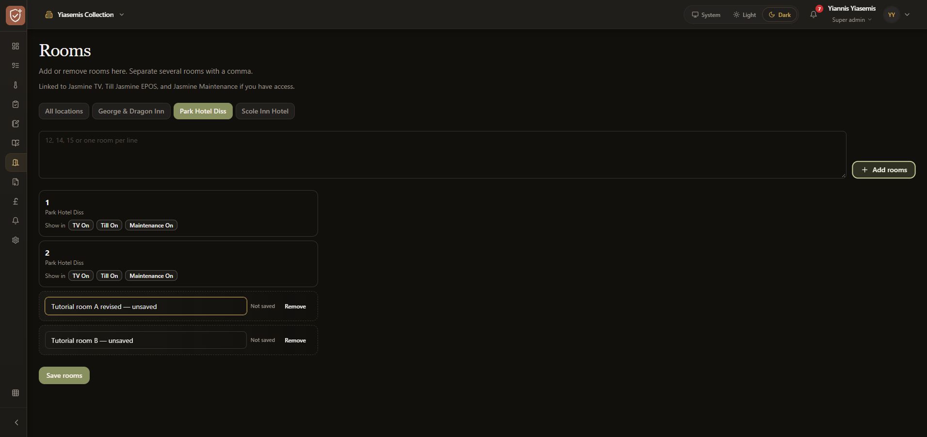 A staged tutorial room name corrected before saving, with Remove beside each unsaved row.