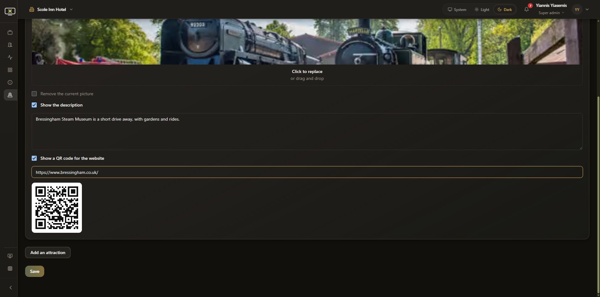 Jasmine TV website QR preview with Add an attraction and Save controls fully visible.