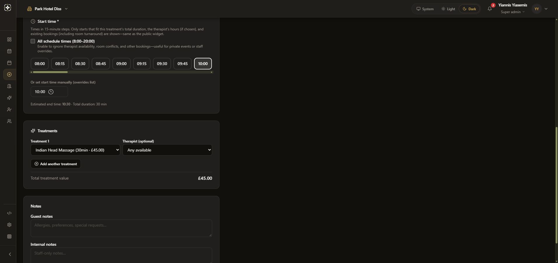 Dark-mode booking preparation showing Indian Head Massage, Any available therapist, time slots and treatment value.