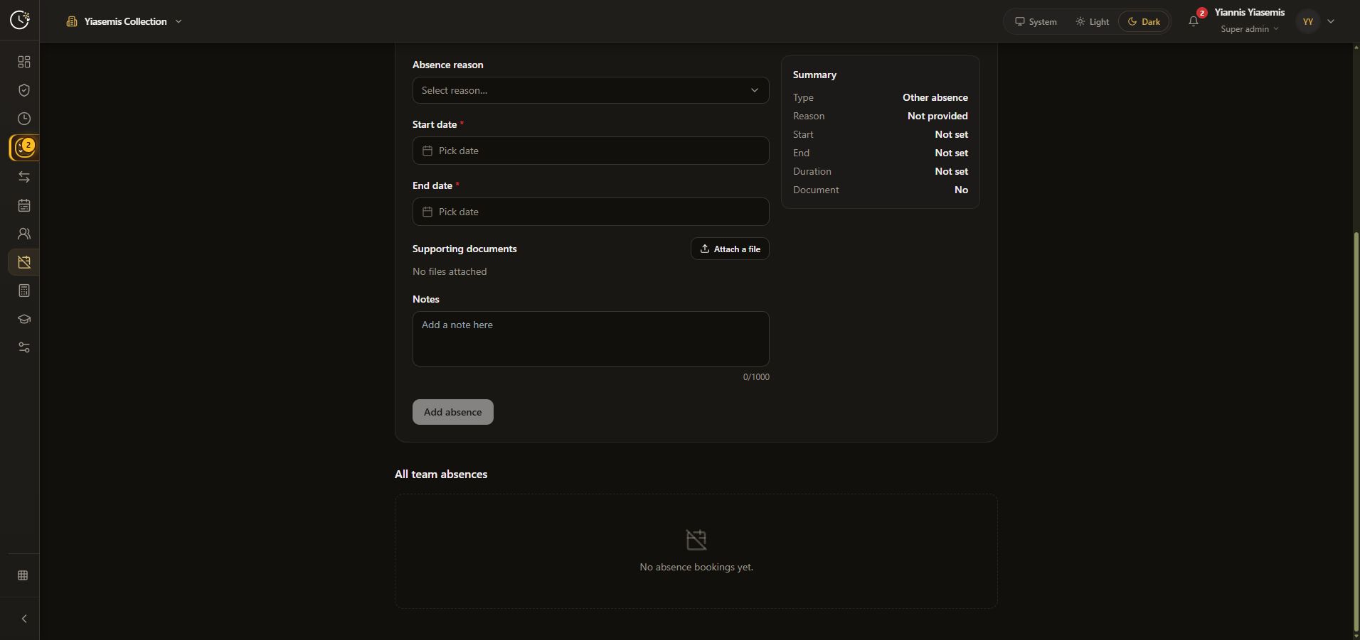 Lower dark-mode absence form showing blank notes, no attachment, disabled Add absence and an empty list.