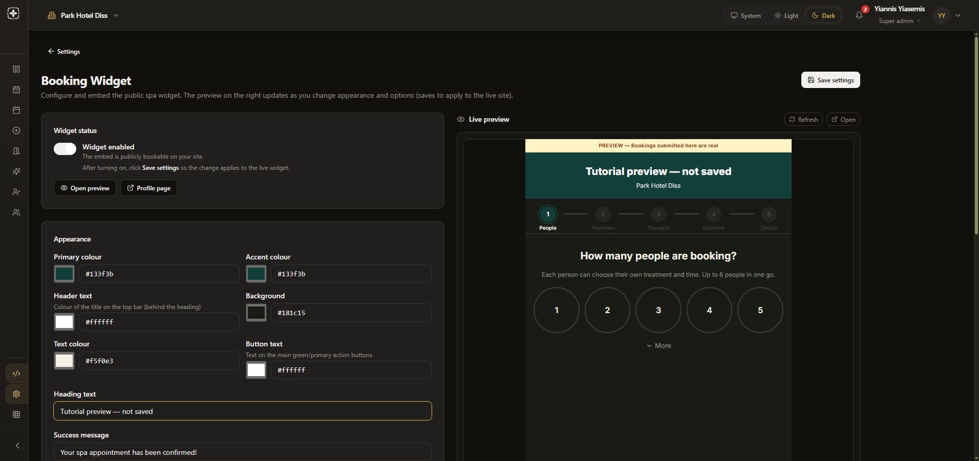 Dark-mode Booking Widget settings with an unsaved dark guest preview labelled Tutorial preview — not saved.