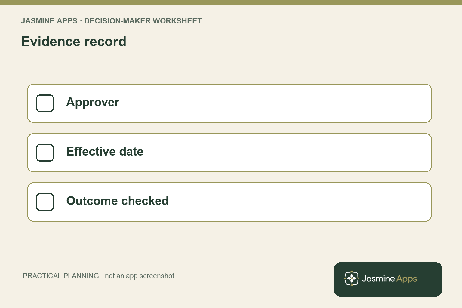Evidence record: Approver; Effective date; Outcome checked. A practical planning illustration.