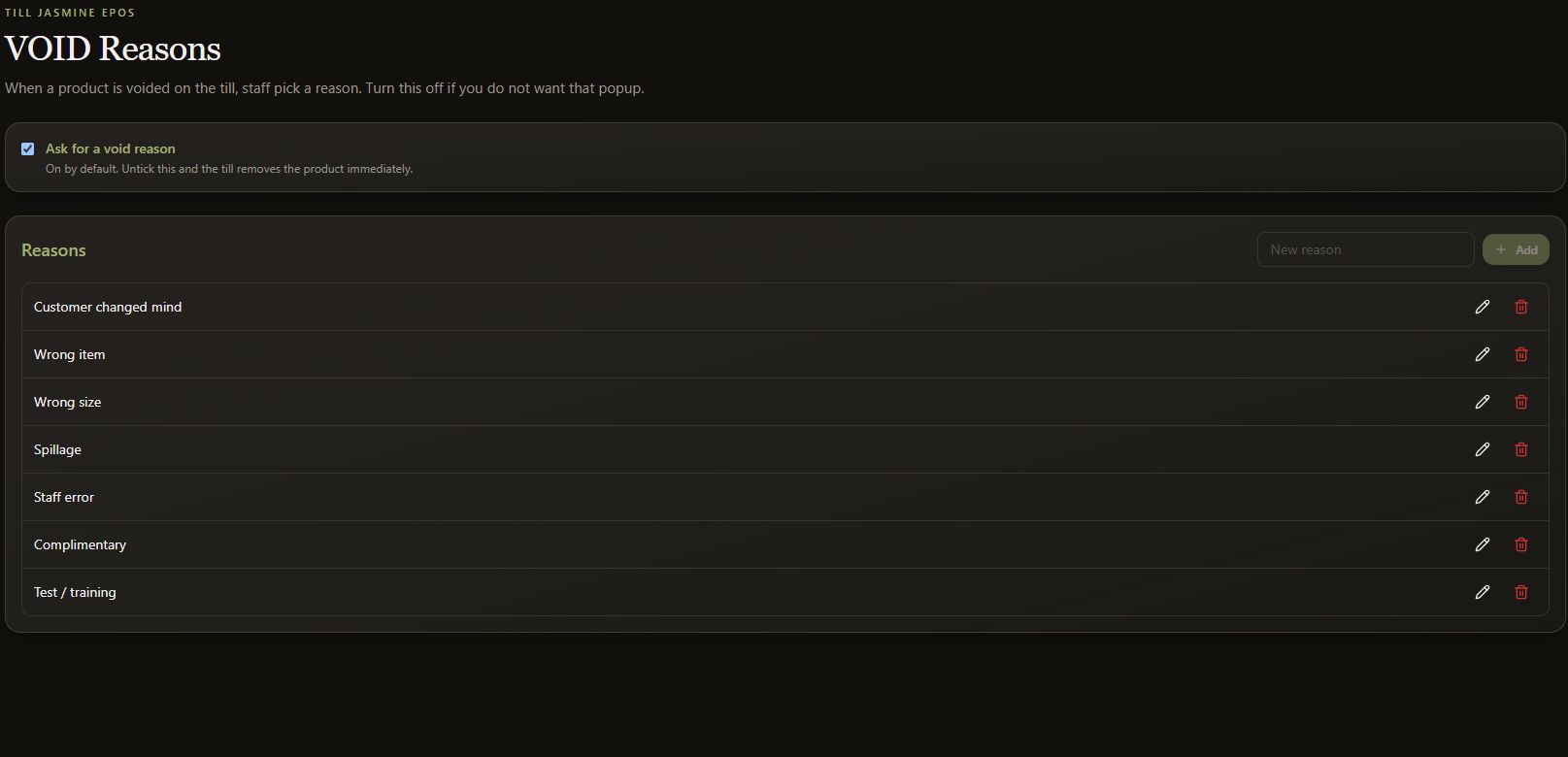 Complete dark-mode VOID Reasons settings and existing reason list