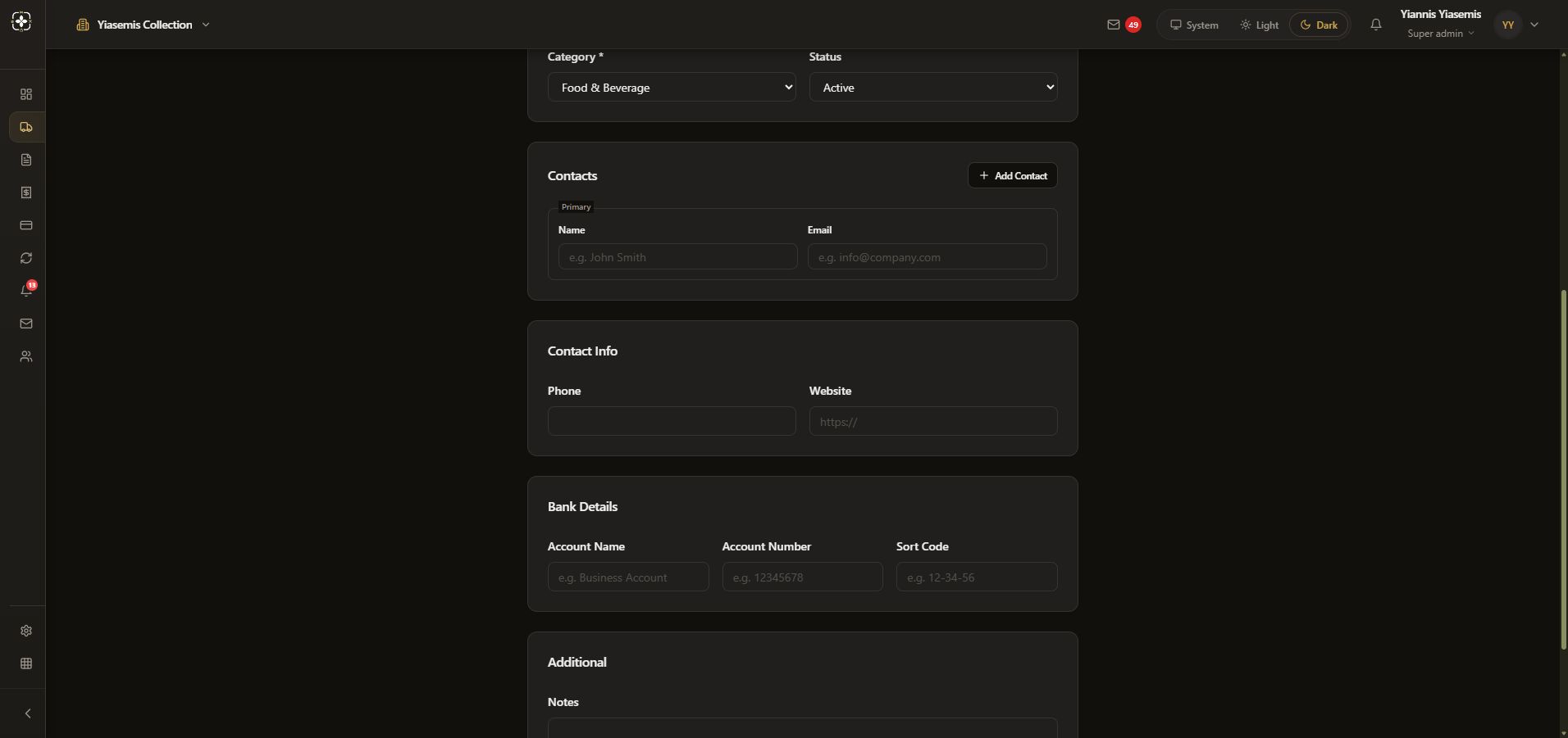 Unsaved supplier form showing category, blank contact fields, phone and website.