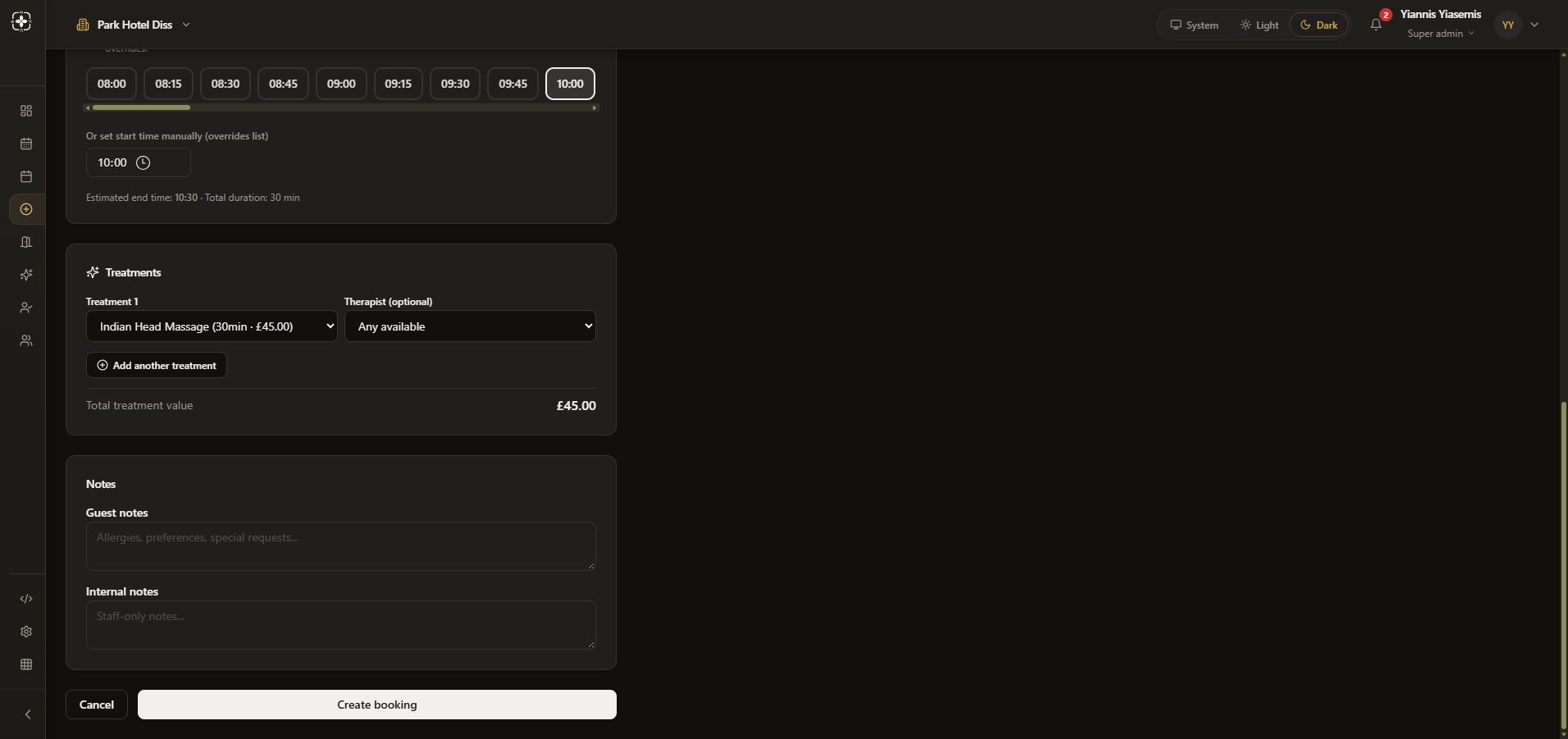 Dark-mode booking review with blank guest and internal notes, Cancel and Create booking controls.
