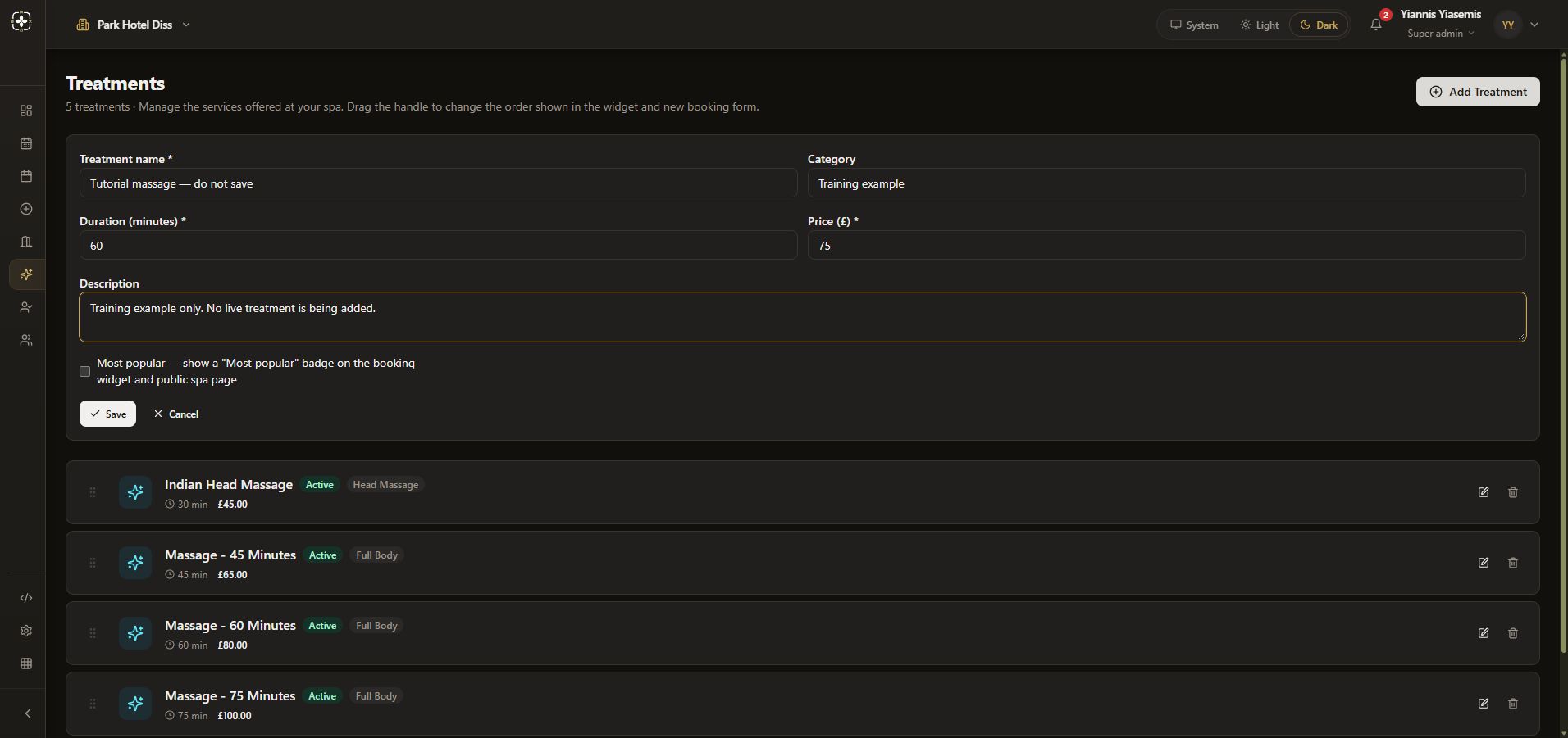 Unsaved training treatment in dark mode, labelled do not save, with a 60-minute duration and £75 example price.