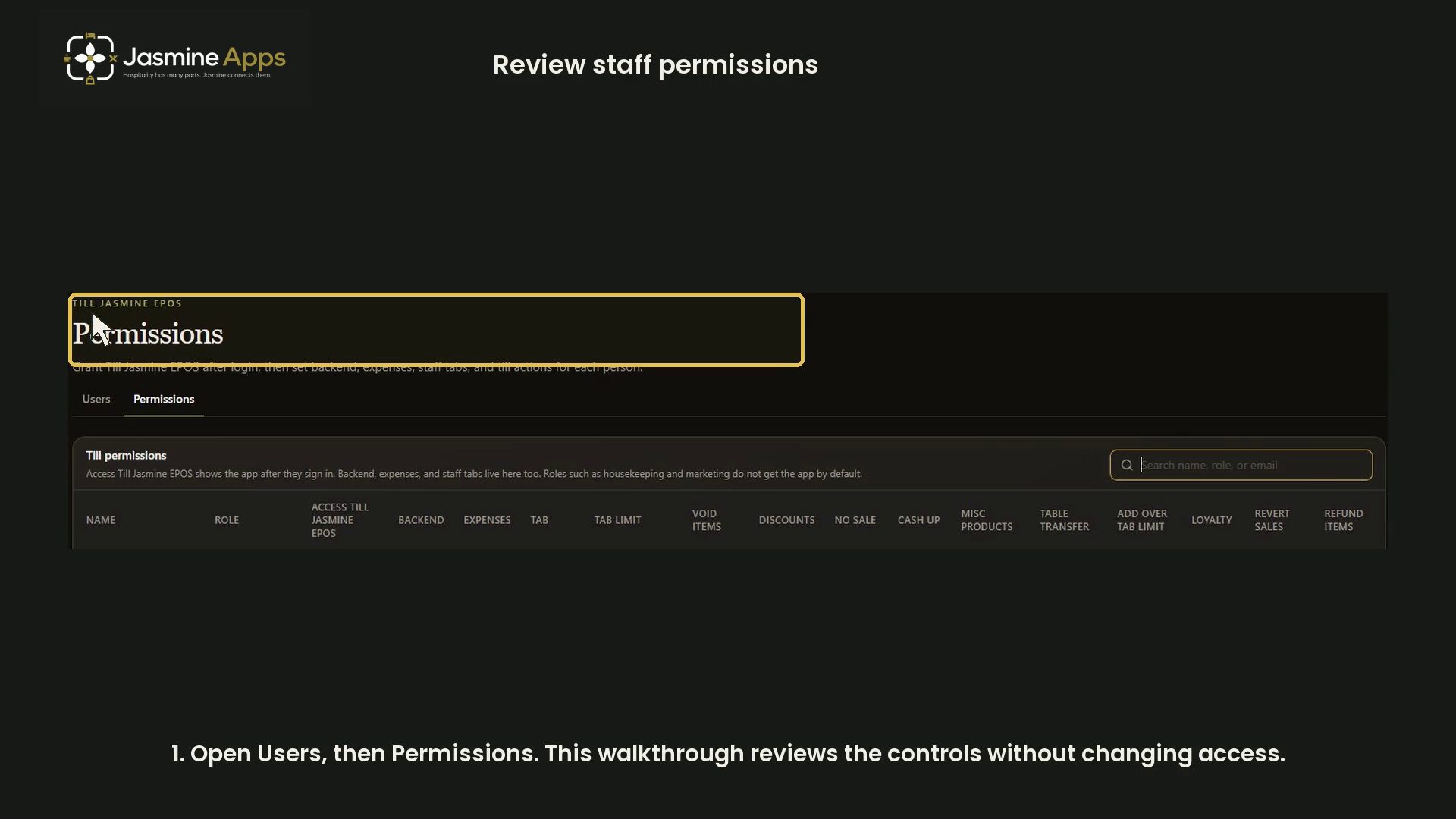 Review Till Jasmine users and permissions