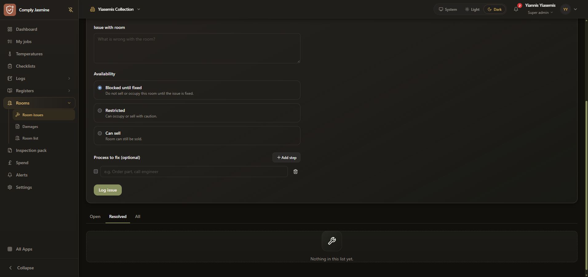 Unsaved issue form with one blank optional process step and an empty Resolved list.