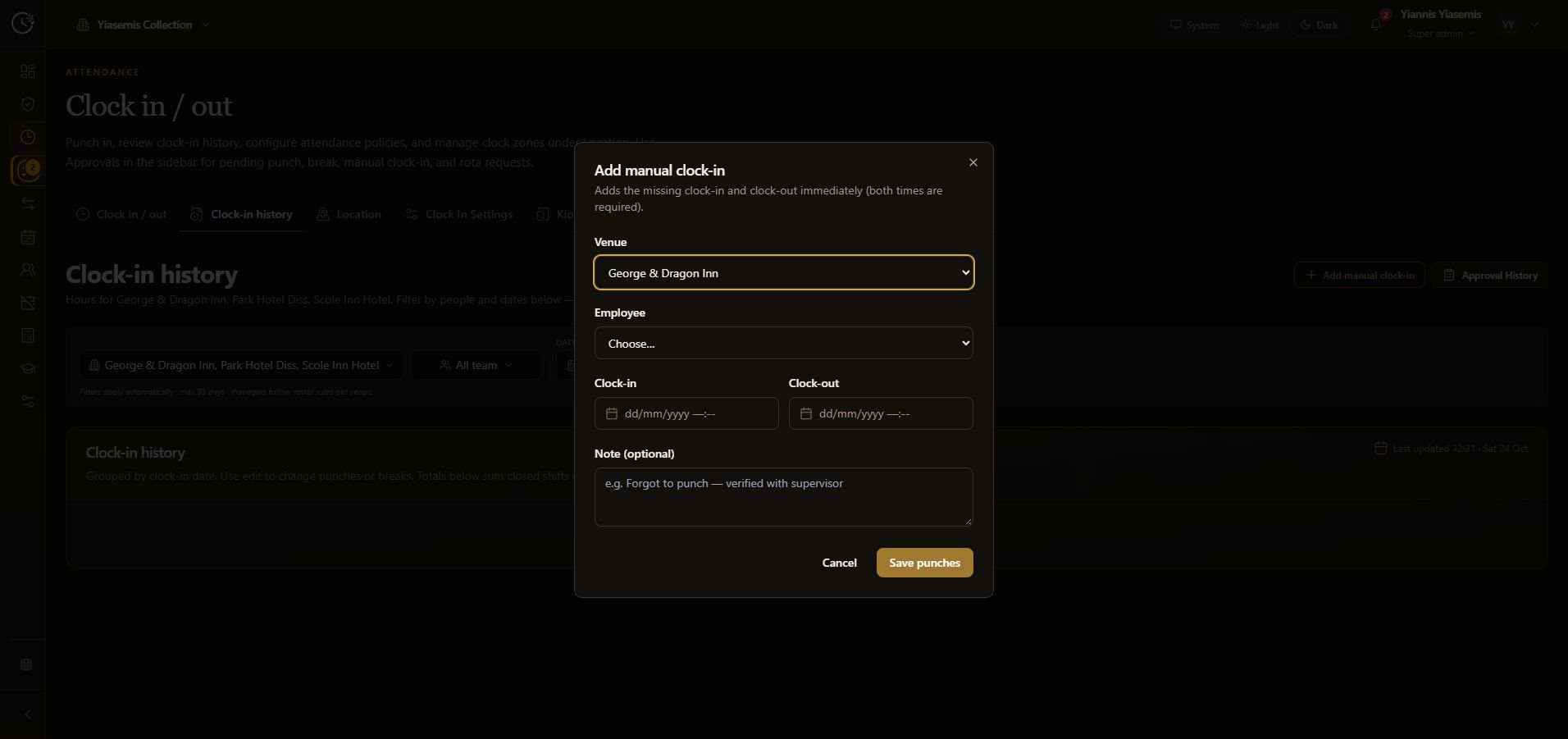 Blank dark-mode Add manual clock-in form with no employee or punch times selected.