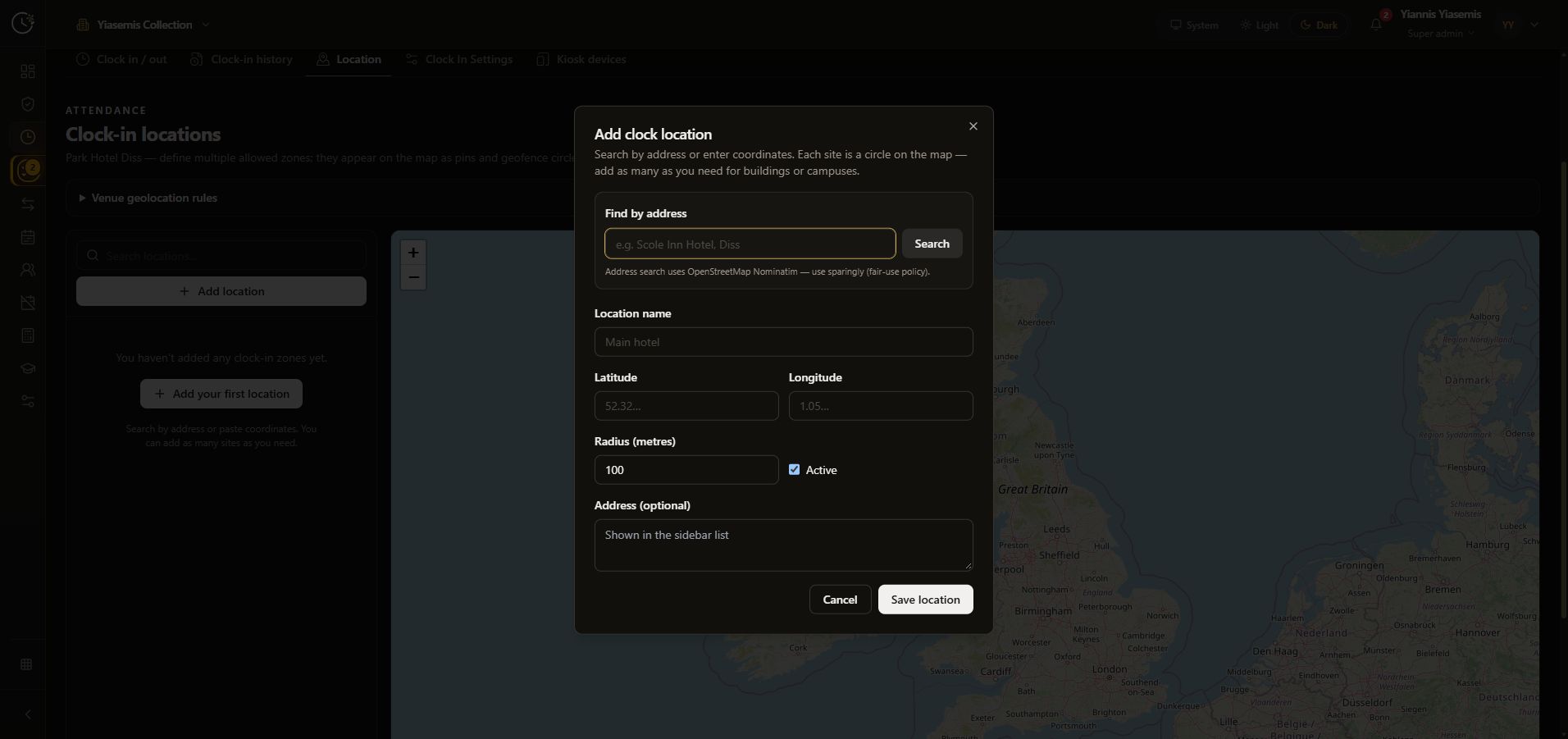 Blank dark-mode Add clock location form with address search, coordinates, radius and Cancel.
