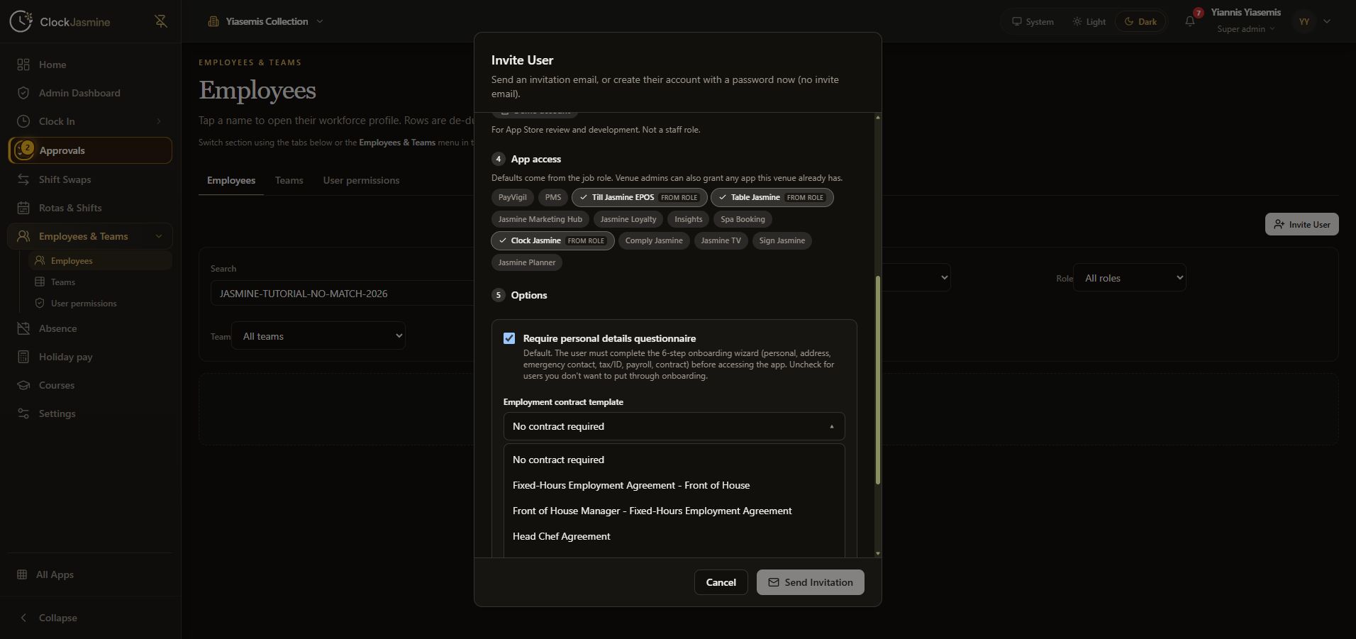 Complete invitation view with the employment contract template list open and the final action buttons visible