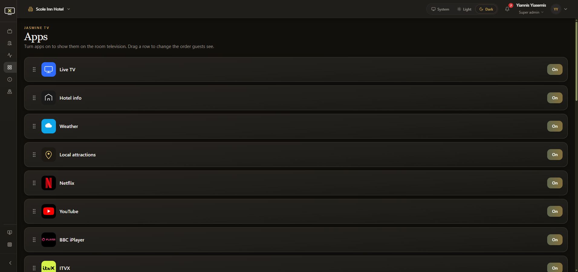 Full dark-mode Jasmine TV Apps list with app names, original logos and On state buttons.
