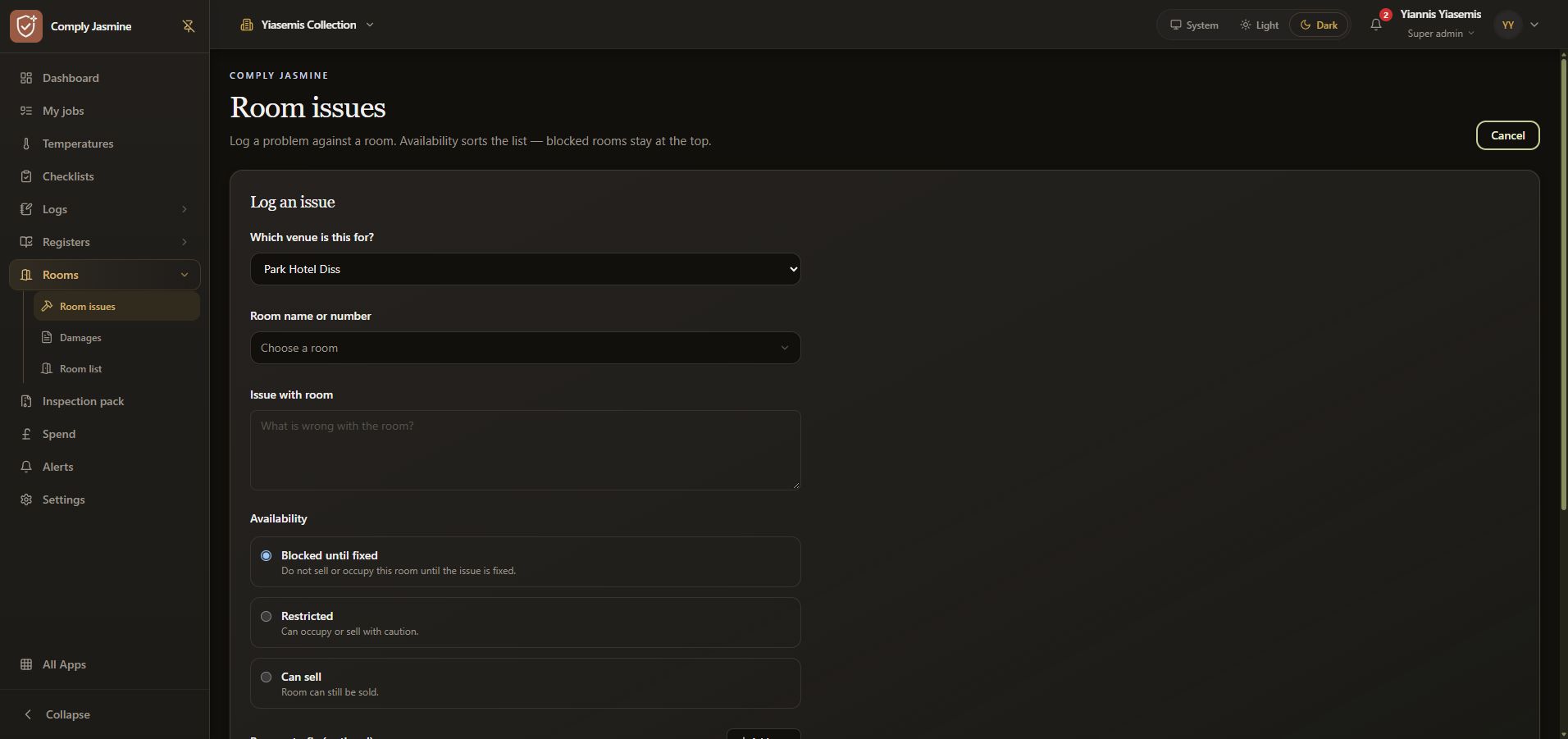 Unsaved issue form showing Park Hotel Diss, unselected room and blank description.