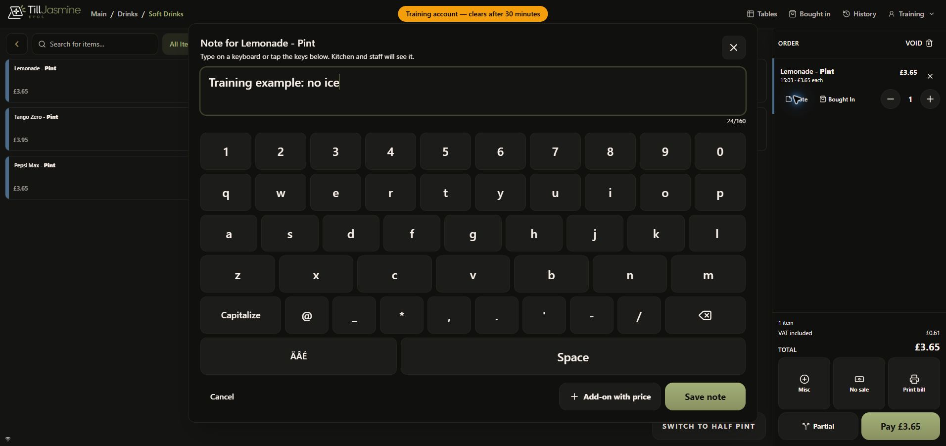 Complete dark-mode note editor containing the fictional instruction Training example: no ice