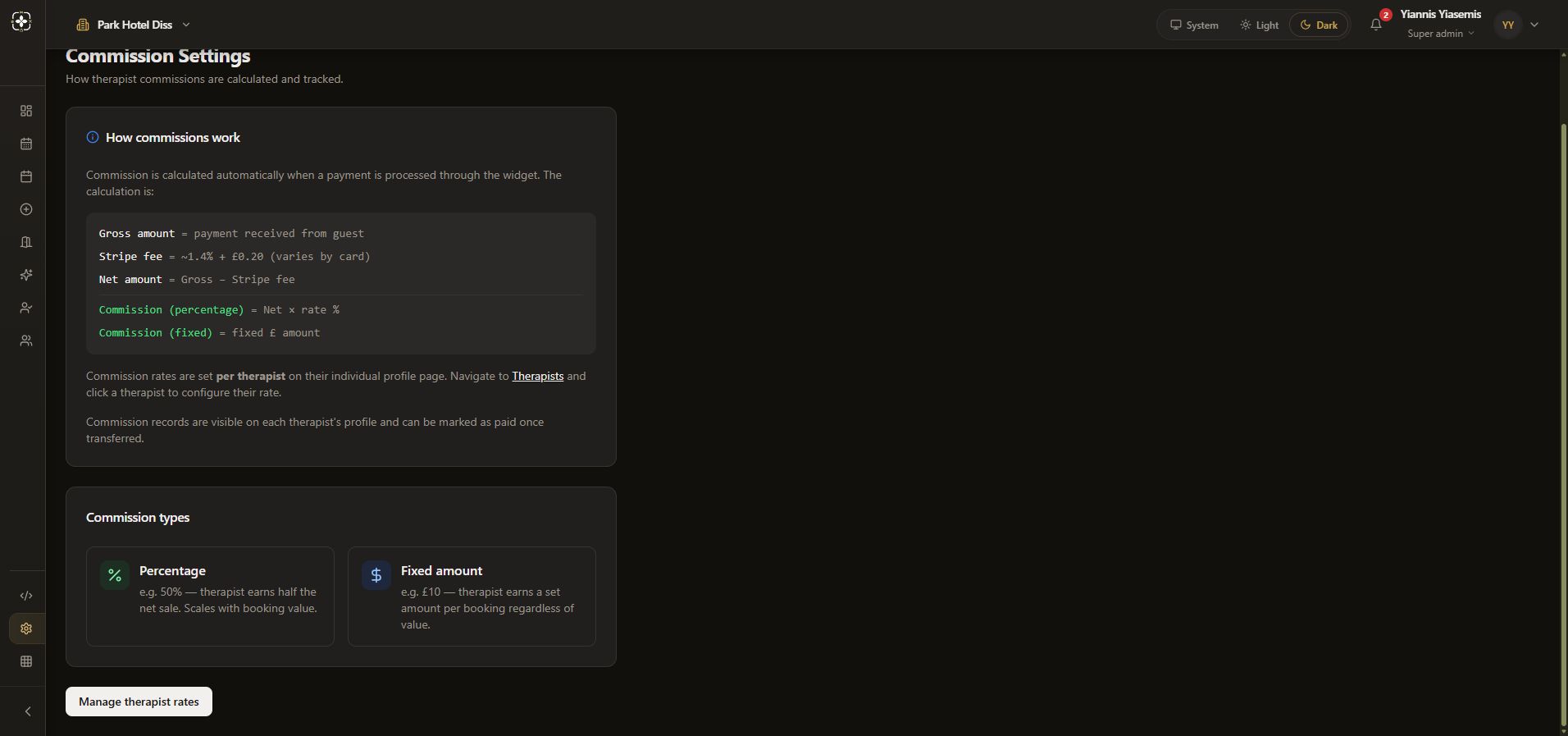 Commission type examples and Manage therapist rates navigation in dark mode.