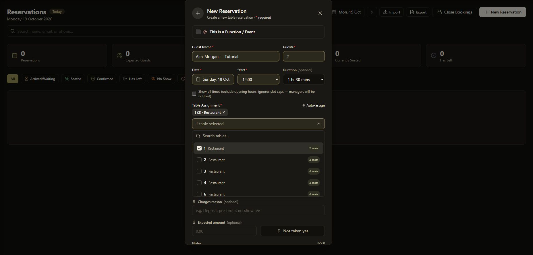 The dark-theme table selector showing table numbers, areas and seating capacity.