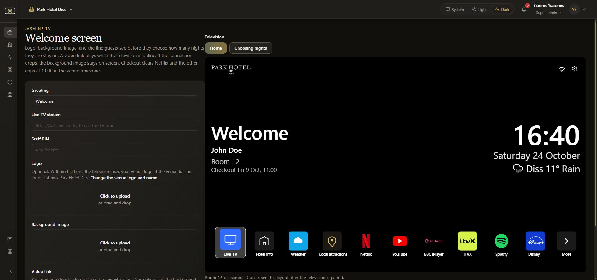 Dark-mode Jasmine TV welcome settings beside the labelled Room 12 sample preview, with the genuine venue logo and app icons.