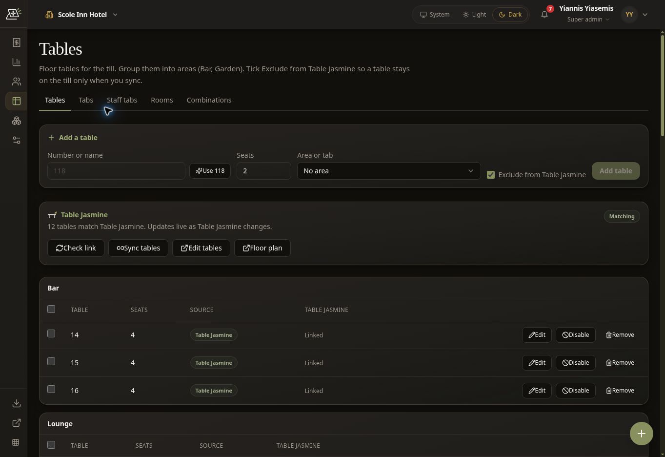 Complete dark-mode Till Tables page showing the blank add-table form, link status and linked Bar tables