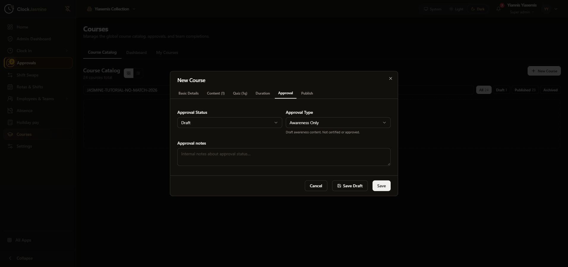 Complete dark-mode Approval tab showing Draft, Awareness Only and approval notes