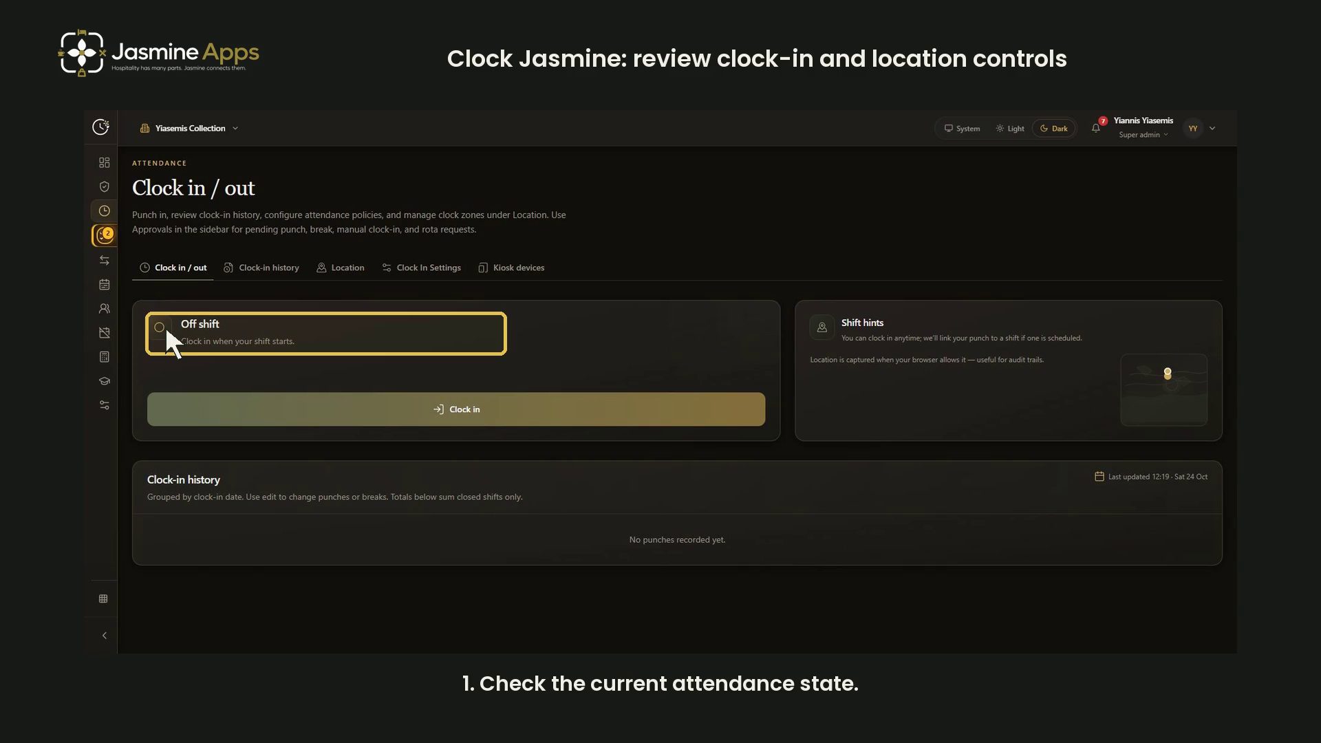 Clock Jasmine: clock-in and location controls video | Jasmine Apps