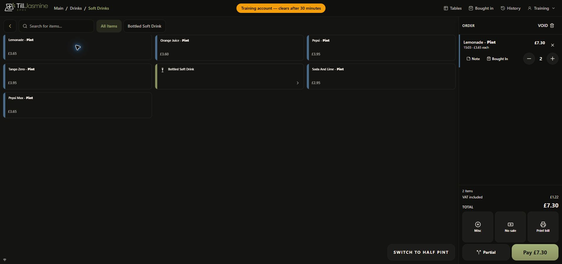 Complete dark-mode training order showing two Lemonades, quantity controls and £7.30 total