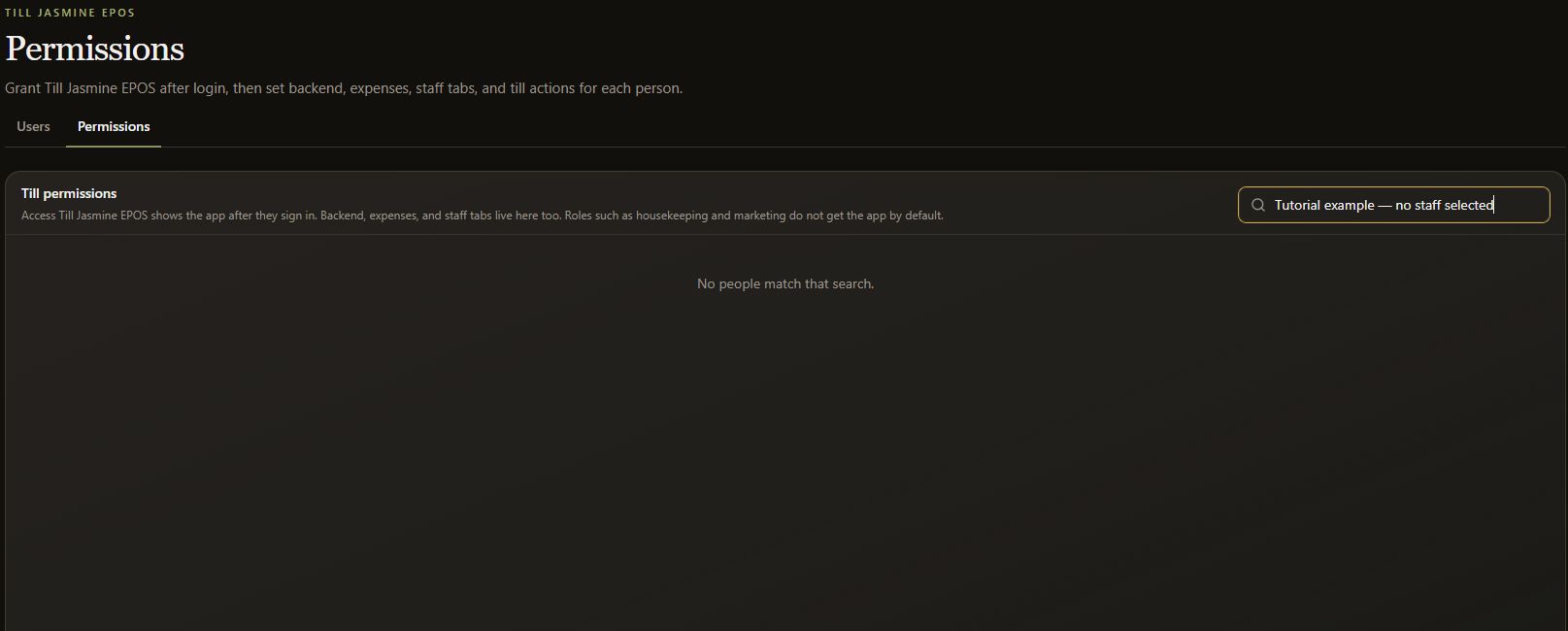 Dark-mode permissions search with no matching staff member
