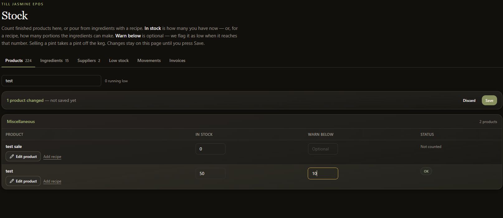 Dark-mode Stock screen showing a staged example count and warning threshold