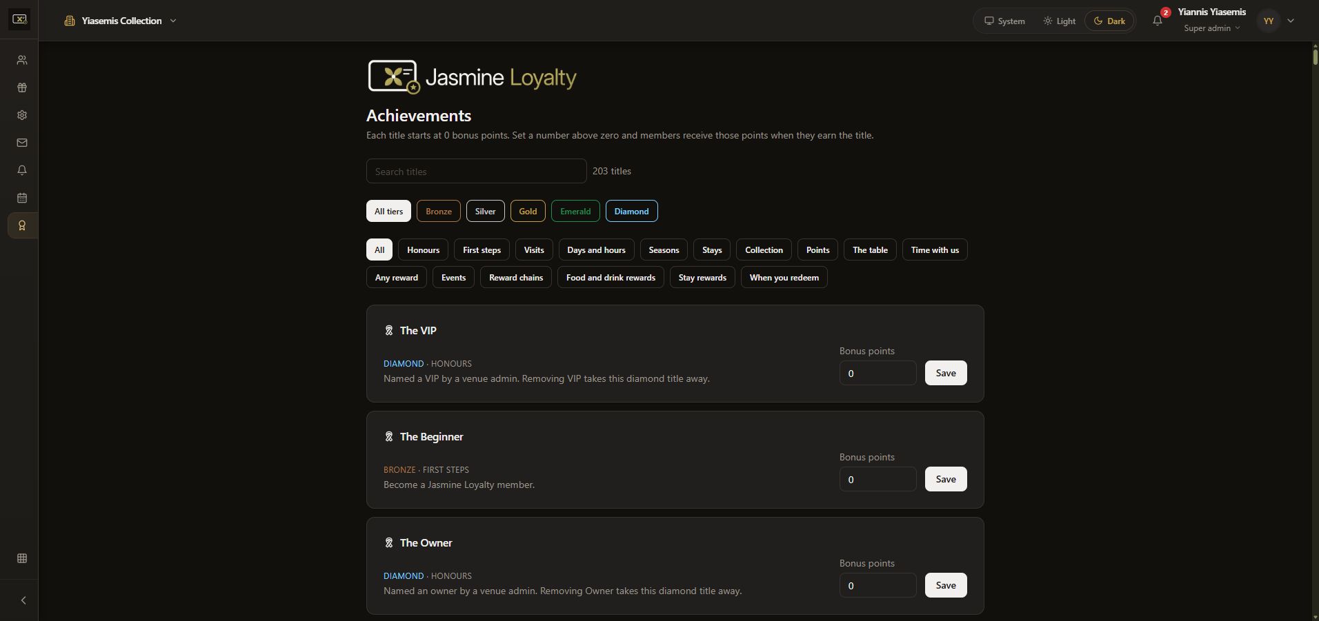 Dark-mode achievement catalogue with tier and category filters.