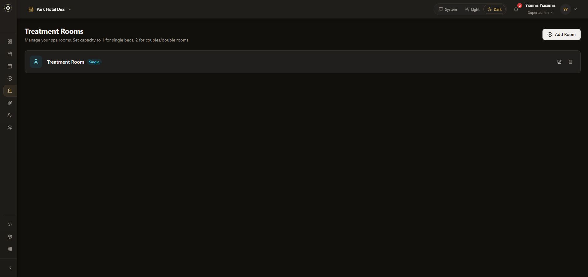 Dark-mode Treatment Rooms page showing the existing single Treatment Room.