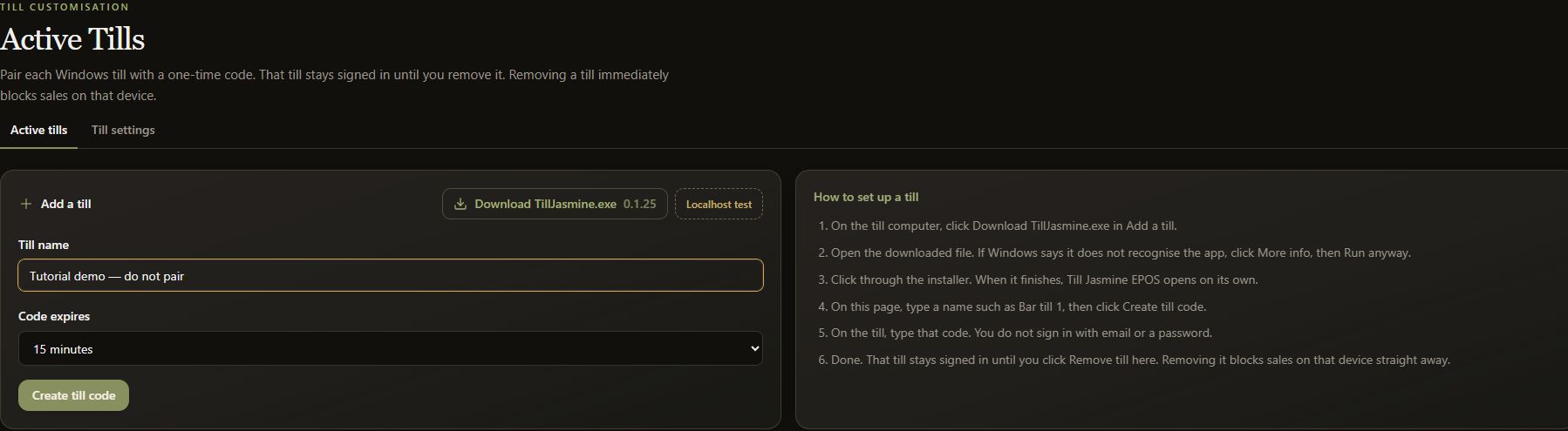 Complete Active Tills preparation form with an unpaired tutorial device name and expiry options